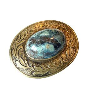 Vintage Brass Brooch Blue Stone Ornate Detailed Antique Lapel Pin